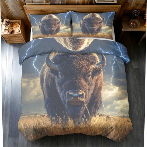 Generic Bison Duvet Cover Full Size, Western Wildlife Bedding Set 3 pcs with 2 Pillow Covers, Bull Bedroom Decor, Soft Microfiber Reversible, Zipper & Ties KJJT 8