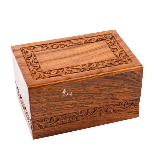 INTAJ Borders Wooden Urns for Human Ashes Adult Funeral Urn, Wooden Cremation Urns for Ashes Engraving, Wooden Box (L (9x6x5) 185 Cu/in, Custom Border Carved)