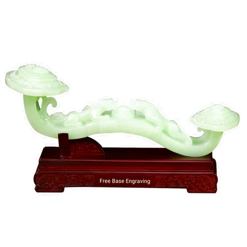 Aris & Juno 8.27'' Synthetic Jade Ruyi Feng Shui Sculpture, Large Good Luck Decor with Red Carved Wooden Base, Hand-Carved Fortune Statue for Living Room, Entryway, Study & Office (S)