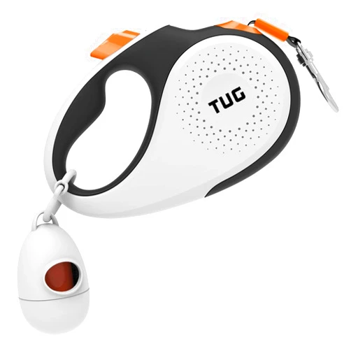 TUG 360° Tangle-Free Retractable Dog Leash with Waste Bag Dispenser (Medium, White/Orange)