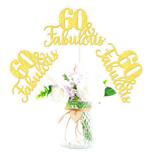 ZHUOWEISM 12 PCS 60 and Fabulous Centerpiece Sticks Double Sided Happy 60th Birthday Table Flower Centerpieces Sticks Cheers to 60 Floral Decorations for 60th Birthday Anniversary Party Supplies Gold