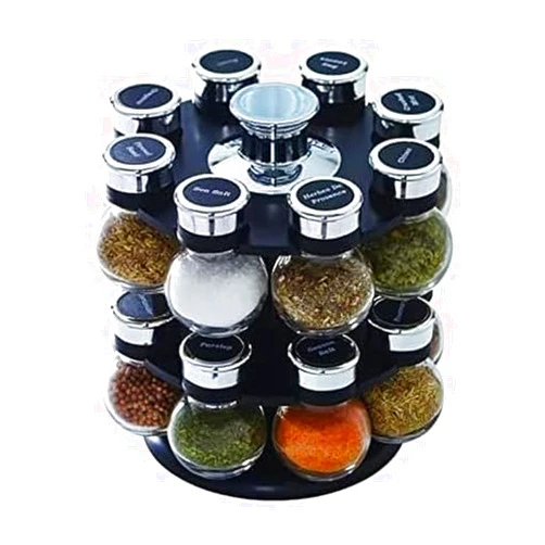 Kamenstein Ellington 16 Jar Revolving Spice Rack with Prefilled Spices - Rotating Chrome and Plastic Countertop Organizer with Sifter Caps and Labeled Lids