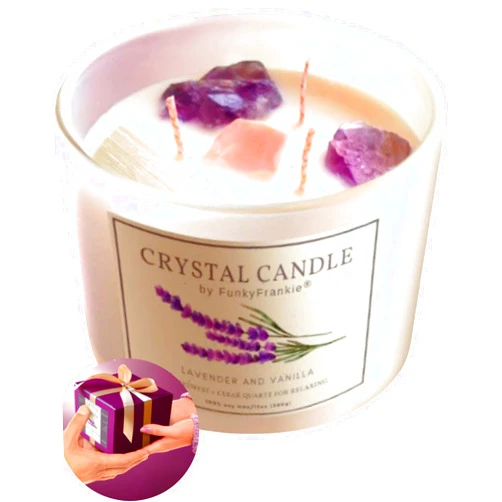 FunkyFrankie® Extra Large Healing Crystals Candle, Gifts for Women - Amethyst 12 oz Manifestation Candle with Crystals Inside for Gemini | Zodiac Gifts | Soothing Lavender | Mothers Day Gifts for Mom