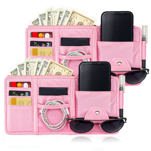 Keedolla 2 Pack Car Sun Visor Organizer Auto Interior Accessories Pocket Organizer, Car Truck Visor Organizer Storage Pouch Case Bag for Cards, Pens and Document - Pink