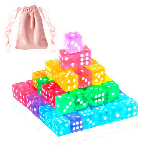 DLUGOPIS 200 Pack Small Dice Set - 5mm, 6 Sided Mini Dice, Transparent & Colored, Velvet Bag for Casino Night, Parties & Learning