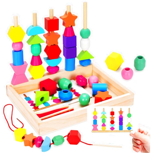 TooyBing Montessori Wooden Lacing Beads Toys for 3 4 Year Old Toddler Kids, Sequencing & Stacking Block Toy with Storage Box, STEM Preschool Learning Toys, Christmas Birthday Gifts for Boys Girls