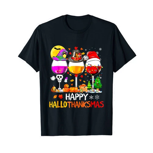 Happy Hallothanksmas Glasses Tees Happy Hallothanksmas Halloween Glasses Thanksgiving Xmas T-Shirt