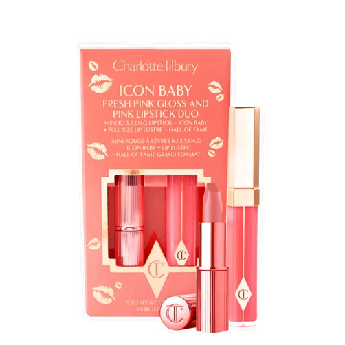 Charlotte Tilbury Icon Baby Lip Duo Kit - Mini K.I.S.S.I.N.G Satin Shimmer Lipstick & Full Size Hall of Fame High Shine Gloss Set - Hydrating Long Lasting Makeup Duo for On-the-Go Glossy Shine