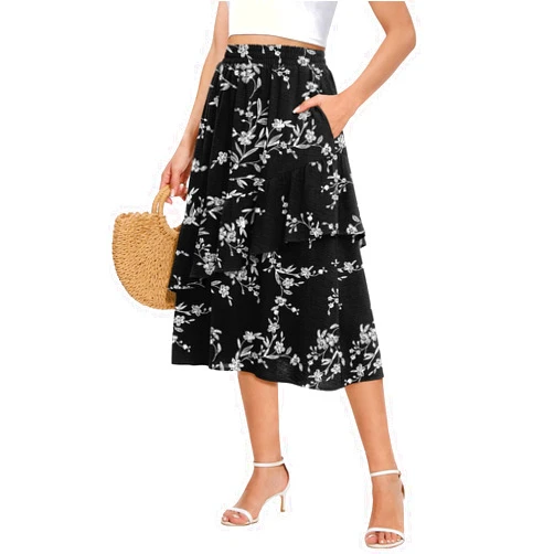 Leafsay Women's Layered Midi Skirt Summer Boho Elastic High Waist Skirt A-Line Flowy Tiered Skirts with Pockets