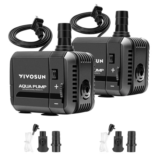 VIVOSUN 2-pack 210GPH Submersible Pump(800L/H, 8W), Ultra Quiet Water Pump with 3.3ft High Lift, Fountain Pump with 5ft Power Cord, 2 Nozzles for Fish Tank, Pond, Aquarium, Statuary, Hydroponics