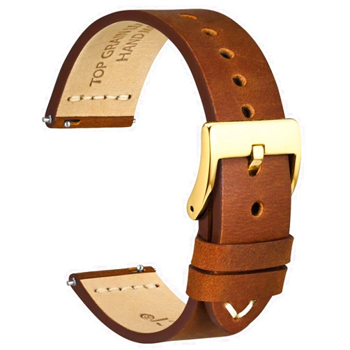 WOCCI 20mm Old-fashioned Watch Band for Men, Top Grain Leather, Golden Polished Buckle (Caramel Brown)