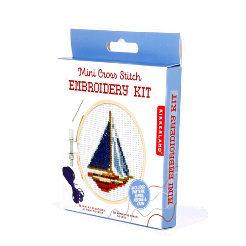 Kikkerland DIY Mini Cross Stitch Sailboat Embroidery Craft Starter Kit Set, with Pattern Instructions, 3