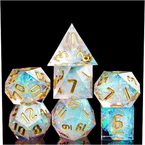 Cusdie Sharp Edges DND Dice, 7 PCs D&D Dice, Handcrafted Polyhedral Dice Set, for Role Playing Game MTG Pathfinder (Transparent w/White Sparkle)