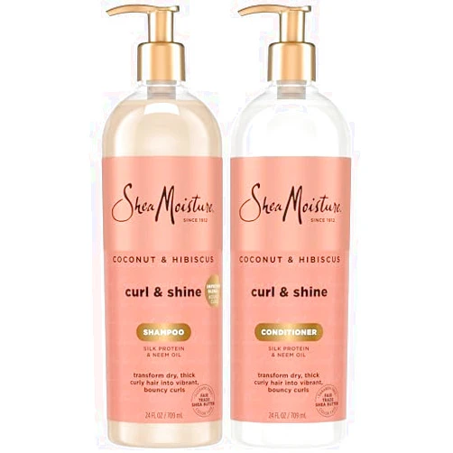 SheaMoisture Coconut & Hibiscus Curl & Shine Shampoo & Conditioner for Bouncy Curls, Frizz Control, Family-Size Pump Bottles, 24 Oz Ea