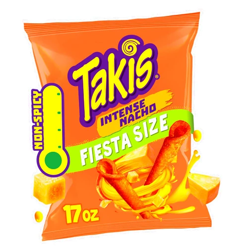 Takis Intense Nacho 17 oz Fiesta Size Bag, Cheese Flavored Non-Spicy Cheesy Rolled Tortilla Chips