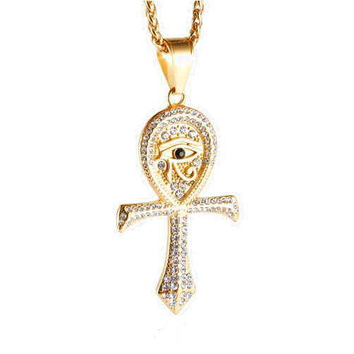 HZMAN CZ Eye of Horus Egypt Protection Pendant Coptic Ankh Cross Religious Stainless Steel Necklace