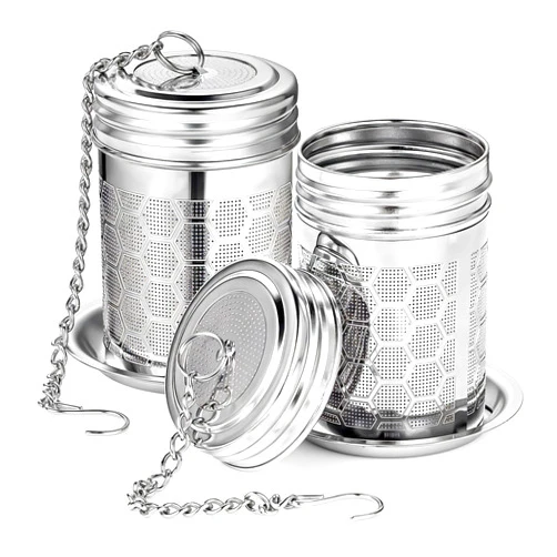Prudiut 2 Pack Tea Strainers for Loose Tea 304 Stainless Steel Tea Infuser Mesh Loose Leaf Tea Steeper Tea Diffuser with Chain Hook and Threaded Lid for Black Tea, Spices and Seasonings