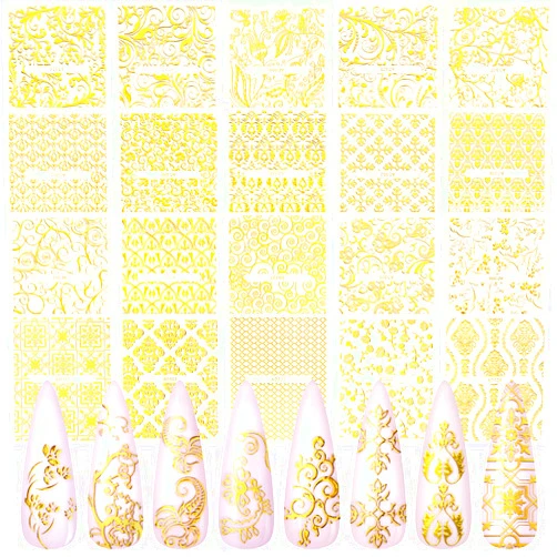 KISSBUTY Gold Flowers Nail Art Sticker, KISSBUTY 20 Sheets Metallic Flowers Vine Nail Decals 3D Flower Lace Nail Adhesive Stickers Leaves Nail Art Decor Gold Floral Nail Decor Manicure