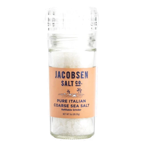 Jacobsen Salt Co. Pure Coarse Sea Salt Grinder - Premium Italian Mediterranean Sea Salt to Season, Cook & Grill, Refillable Prefilled Small Salt Grinder - 3 oz (Pack of 1)