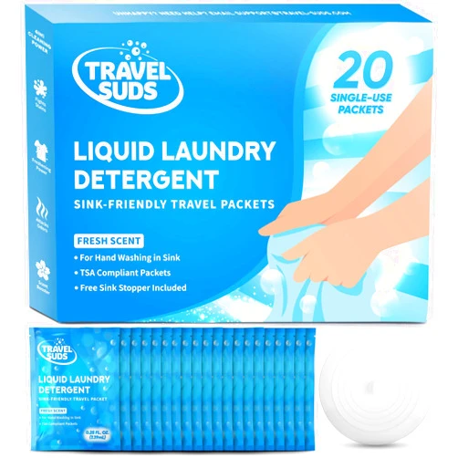Travel Suds TravelSuds Laundry Detergent Sink Packets (20 pack) | Travel Laundry Detergent for Hand Washing in the Sink, Includes Free Sink Stopper | Pack of 20