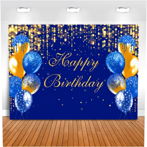 Mocsicka Royal Blue and Gold Happy Birthday Backdrop Blue Balloons Glitter Bokeh Dots Photography Background for Adults Women Birthday Party Decoration Banner Photo Booth Props (7x5ft)
