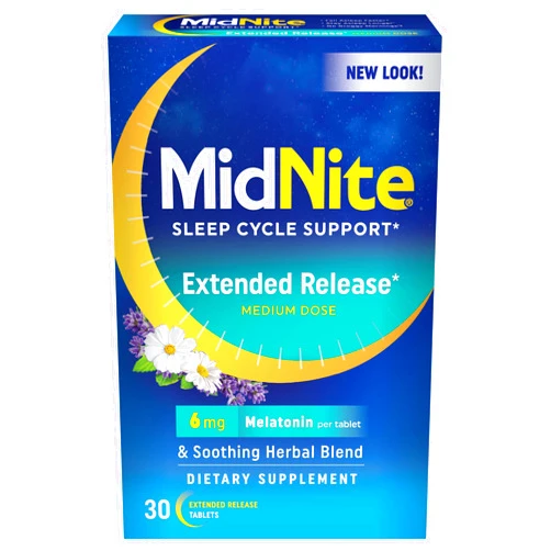 MidNite Extended Release Medium Dose, 6 mg Melatonin Sleep Aid, Non-Habit Forming, Herbal Dietary Supplement for Adults, Drug-Free, Gluten-Free, Lactose-Free, Vegetarian, Vegan, 30 Tablets