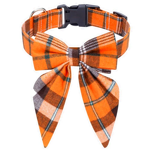 Malier Thanksgiving Dog Collar With Bow Tie, Classic Buffalo Plaid Fall Collar With Buckle, Holiday Bow Tie for Small Medium Large Dogs Cats Puppy (Yellow, Small)