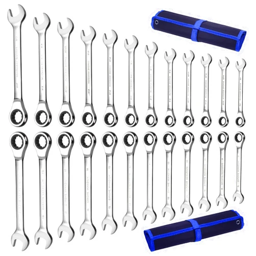 Qnkaa 24pcs Ratcheting Wrench Set with Rollup Pouches Metric (8mm to 19mm) & SAE (1/4
