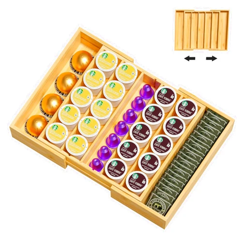 YCBH Coffee Pod Holder Drawer, Bamboo Expandable K Cup Holder Vertuo Coffee Capsules Organizer, Tea Bag K Cup Drawer Organizer for Coffee Station Home Kitchen Bamboo, Large