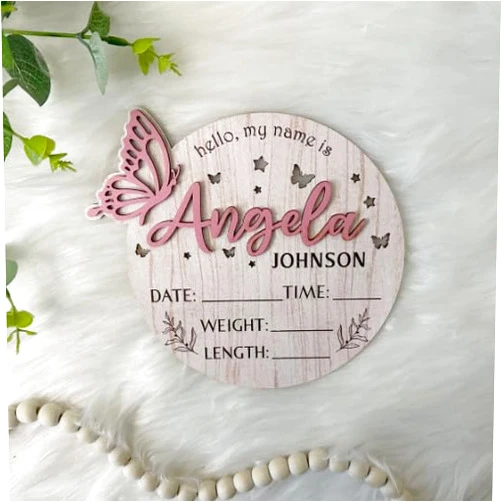 Decorcustomsgift Personalized Baby Announcement Sign with Birth Stats, Birth Stat Sign With Butterfly, Name Reveal, Hello My Name Is Sign, Sign For Hospital, Natural