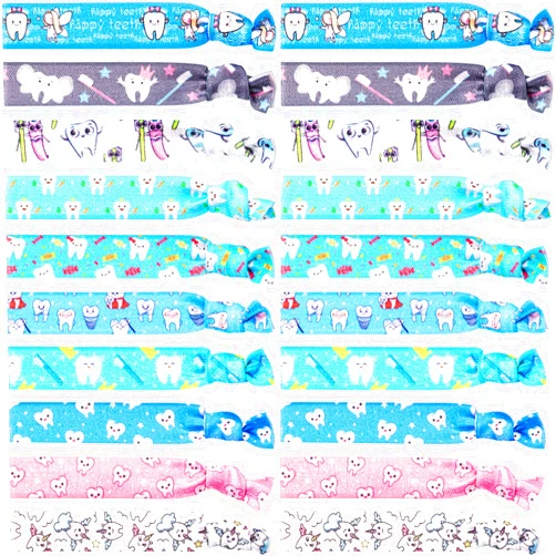 BBTO 20 Pieces Tooth Patterned Hair Ties Dental Hair Accessories Elastic Ribbon Ponytail Holders No Crease Hair Bands for Women Girls, Dental Hygienist Gift