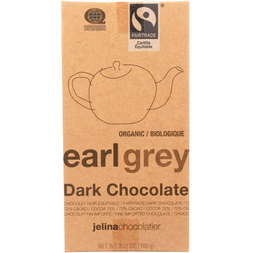 JELINA CHOCOLATIER Organic Earl Grey Chocolate Bar 72%, 3.52 OZ