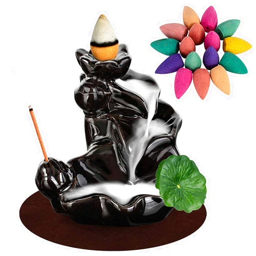 DK177 Waterfall Incense Holder Backflow Cone Ceramic Burner Handcrafted Porcelain Censer Incense Stick Stand with 20 Free Cones