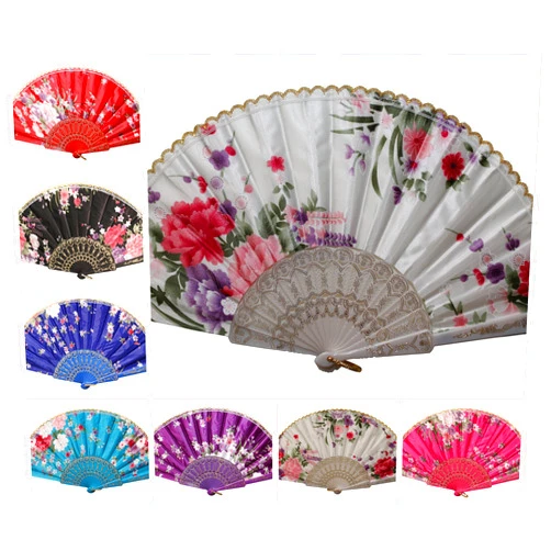 REINDEAR Wholesale Wedding Party Flower Print Multi-Pattern Decoration Fabric Folding Lace Silk Trim Hand Fan (24 Pcs, Colorful Silk)
