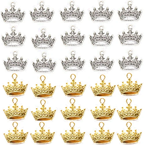 Pinhoollgo 100 Pcs Alloy Crown Charms Pendants DIY Vintage Charms Findings Pendant for Making Bracelet and Necklace, Jewelry Making DIY Accessories,Silver and Gold,50pcs/Colors