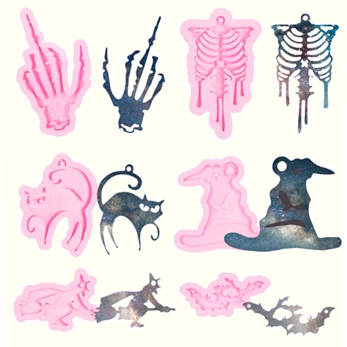 Ywzbomoldrm Skeleton Hand Resin Keychain Mold 6 Pcs, Halloween Skull Human Skeleton Bone Rib Shape Mold Halloween Cat Bat Witch Hat Mold for Epoxy Resin, Polymer Clay Crafts, Resin Ornament Molds