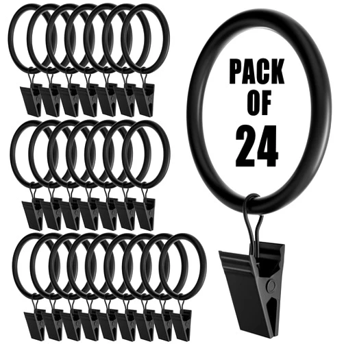 Homyplaza 24 Pack Black Curtain Rings with Clips, Curtain Hooks for Hanging, Heavy Duty Drapery Rings, Polish Rustproof Curtain Clips Hangers for Drapes, 1.5