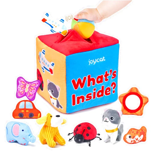 JoyCat Baby Toys 6-12 Months - Mystery Soft Box with 10 Sensory Objects, Rattle, Crinkle Paper, Mirror - What's Inside Box Infant Gifts, Soft Busy Toys 1-2 - Baby Easter Basket Stuffers Gifts