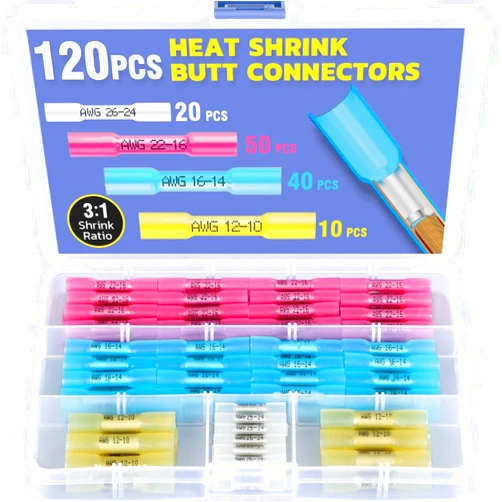 haisstronica 120PCS Heat Shrink Butt Wire Connectors,Waterproof Insulated Electrical Connectors,Butt Connectors Heat Shrink for Marine Automotive Boat Truck Wire Joints(4colors/4sizes)