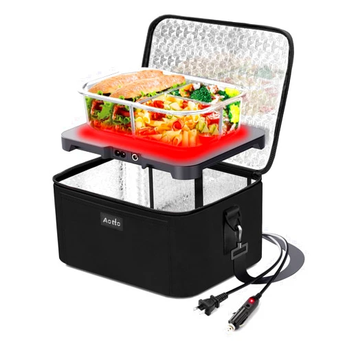 Aotto Portable Oven, 12V, 24V, 110V Food Warmer, Portable Mini Personal Microwave Heated Lunch Box Warmer for Cooking and Reheating Food in Car, Truck, Travel, Camping, Work, Home, Black