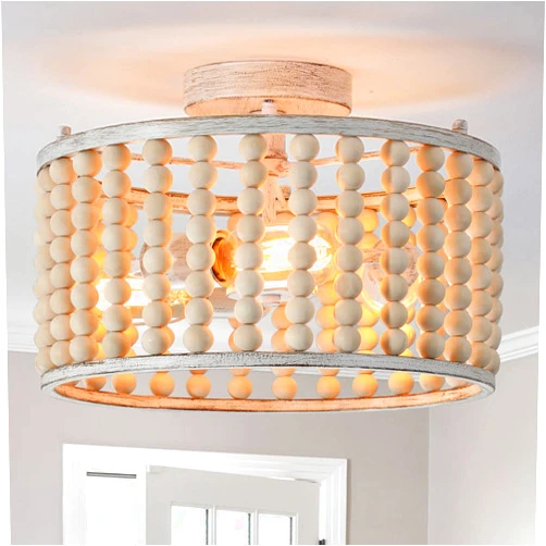 tewei Wood Beaded Boho Chandelier Light Fixture, Semi Flush Mount Ceiling Light 3-Light Rustic Nursery Close to Ceiling Light for Bedroom Kitchen, Living Room, Oak White, E26 Base