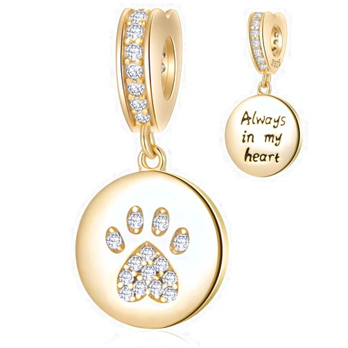 GEMDAZZ Sparkling Puppy Paw Print Charms in 925 Sterling Silver, Pave Dog Pawprint CZ Round Beads and Always in My Heart Charms, Gift for Animal Lover, fit European Women Bracelet/Necklace