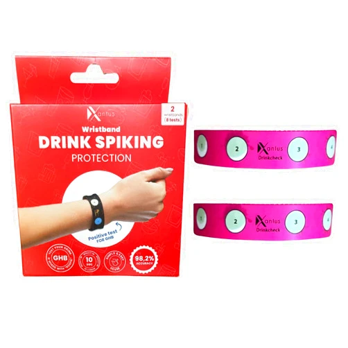 Xantus Drink Check Wristband Roofie Test by Xantus | Spiked Drink Bracelet Tester Detects GHB Within 10 Seconds Test Your Drink | Spiking Protection Detector Made in USA | (2 Pink Wristbands 8 Tests)