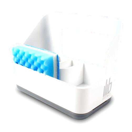 MasonBaily Sink Caddy Sponge Holder - Kitchen Sink Organizer with Adjustable Compartment Dividers and Drip Drain Tray - Slim White Plastic Design - For Dish Cleaning, Brush, Scrubbie Storage - Dishwasher Safe