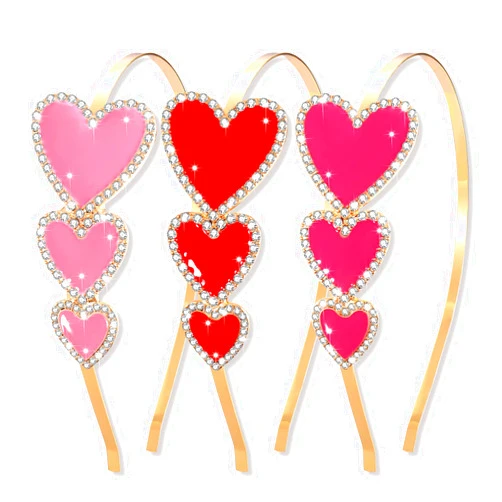 HSWE 3PCS Valentines Day Heart Headband Sparkle Rhinestone Enamel Heart Shape Hairbands Sweet Triple Love Heart Hair Accessories