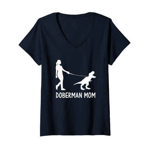 Dobie Trex Mom Tees Co. Womens Doberman Mom Dobe Dobie Doberman Pinscher Dog Dinosaur Women V-Neck T-Shirt