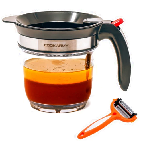 Cook Army Fat Separator with Bottom Release – 4 Cup Gravy Separator for Cooking with Oil Strainer, Kitchen Grease Separator -the perfect Kitchen Gadget plus a 3-1 Multifunctional Vegetable Peeler