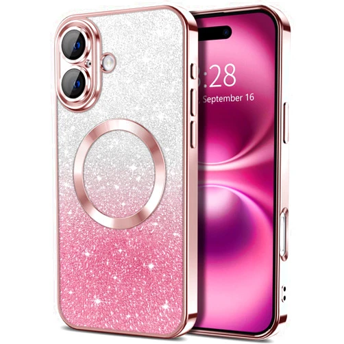 Hython for iPhone 16 Plus Case Clear Magnetic Glitter Phone Cases [Compatible with MagSafe] Full Camera Lens Protector Slim Gradient Sparkle Luxury Plating Shockproof Protective Cover Women, Pink