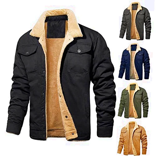 Generic Winter Fleece Lined Jackets for Men, Thick Thermal Warm Sherpa Fleece Lined Lapel Cargo Jackets Coat Medium Black