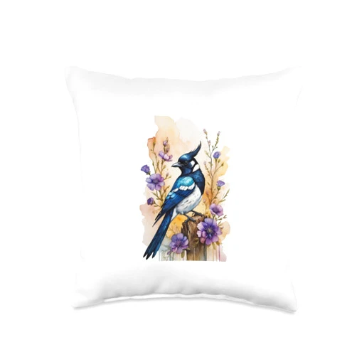 Bird Birder & Birding Apparel Company Shirt Beautiful Blue Jay and Purple Flowers Bird Throw Pillow, 16x16, Multicolor
